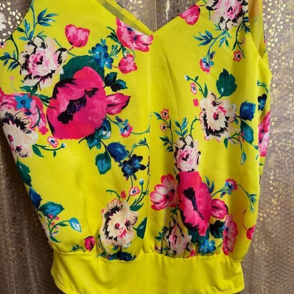 Express Bright Yellow Hot Pink Floral Summer Tank Top Bodysuit Small - Picture 7 of 8